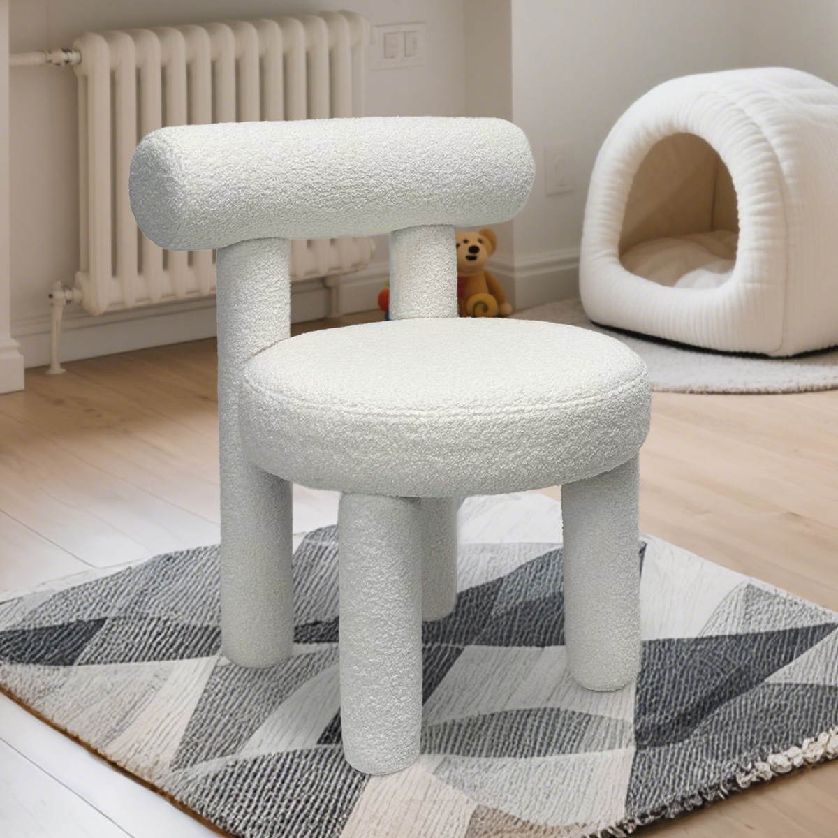 Cream Bouclé Upholstered Dining Chair | Round Back Side Chair | Modern Armless Leisure Chair