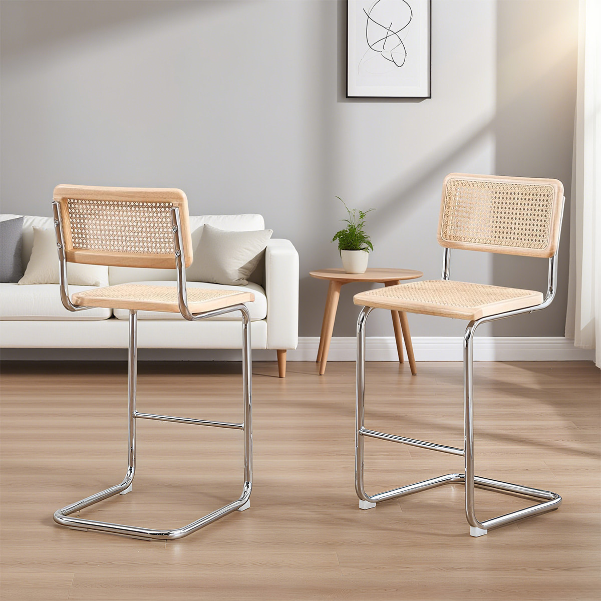 Modern Modern Rattan Conteriver Countrilever Counter Stool-Natural Cane Back & Siet z chromowaną metalową ramą