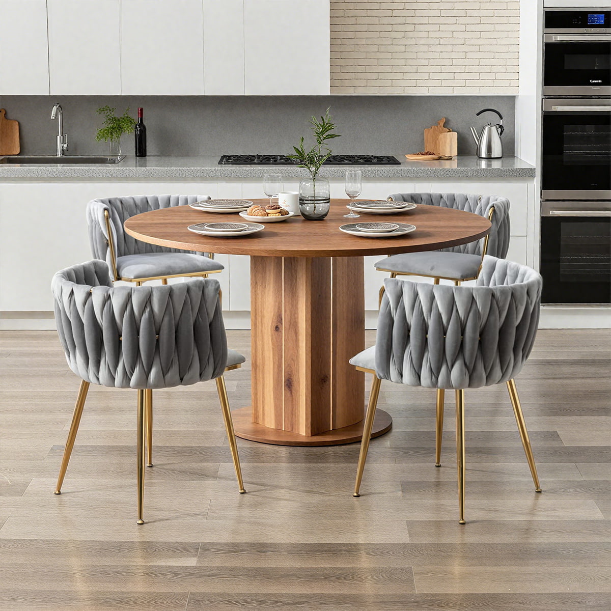 Modern Ivory Velvet Dining Chair with Woven Backrest & Gold Metal Legs – Elegant Upholstered Accent Chair for Dining Room, Kitchen, or Living Space