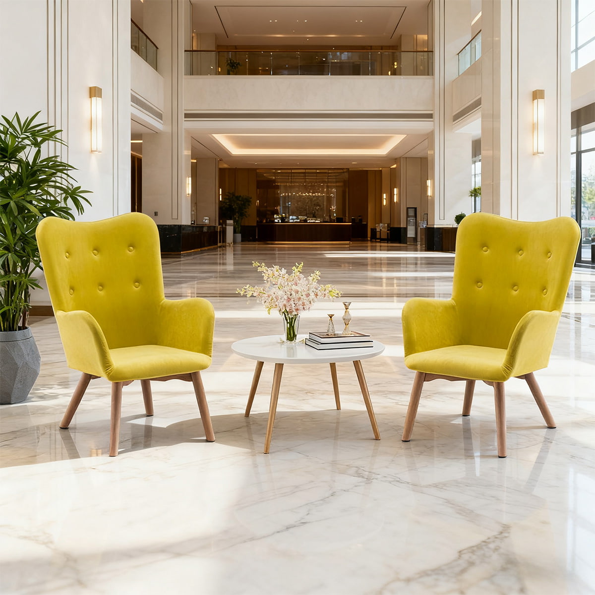 Nowoczesny fotel z akcentem żółtego aksamitu — pikowane krzesło rekreacyjne z drewnianymi nogami i podłokietnikami do salonu, sypialni lub biura